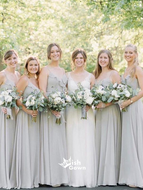 Light Green Spaghetti Strap Ruffle V-neck Long Chiffon Bridesmaid Dresses, YPS157