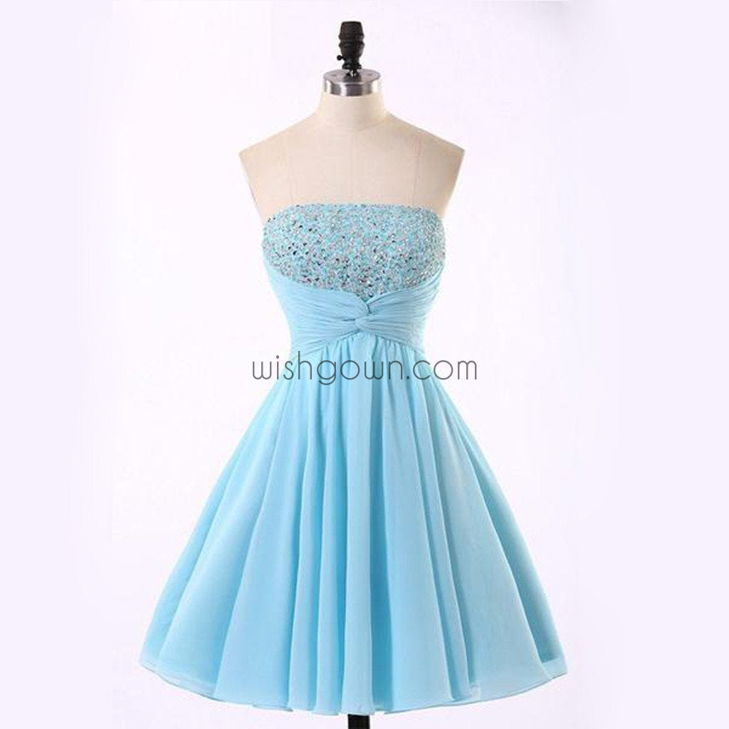 Junior Cute Cheap Straight Neckline Light Blue homecoming dresses, CM0018