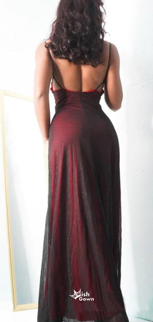 Simple Black Red Sheath Spaghetti Straps Long Evening Prom Dresses, WGP245