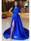 Blue A-line One Shoulder High Slit Maxi Long Evening Prom Dresses,WGP267