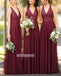 Sexy V-neck Halter Dark Red Tulle Long Bridesmaid Dresses YPS126