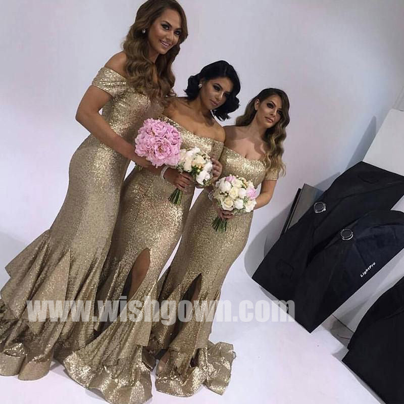 Most Popular Off the Shoulder Mermaid Sequin Cheap Long Bridesmaid Dresses, WG491