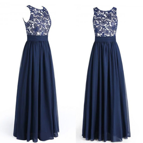 Navy Blue Lace Top Chiffon Elegant Cheap Floor Length Wedding Bridesmaid Dresses, WG455