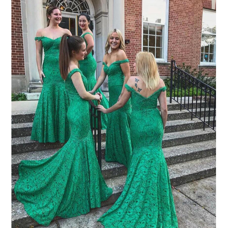 Green Lace Off the Shoulder Mermaid Long Bridesmaid Dresses, SG165