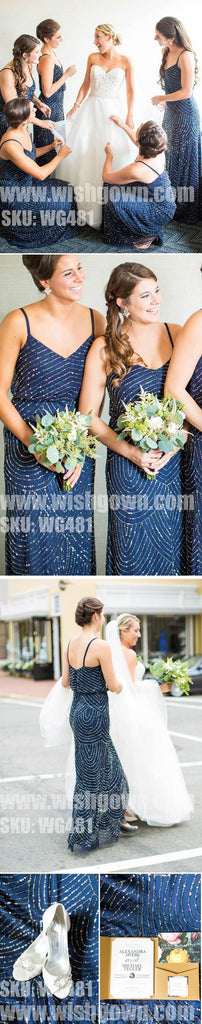 Elegant Spaghetti Strap Popular Sequin Long Wedding Bridesmaid Dresses, WG481 - Wish Gown