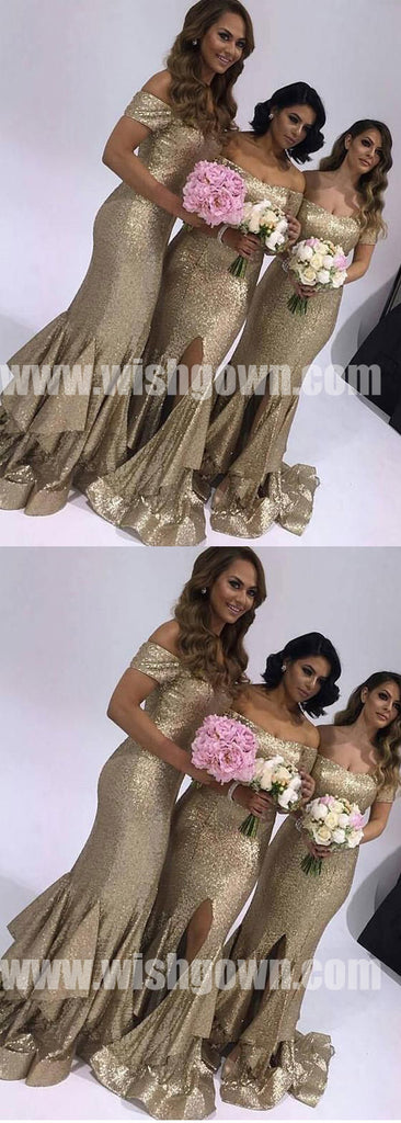 Most Popular Off the Shoulder Mermaid Sequin Cheap Long Bridesmaid Dresses, WG491