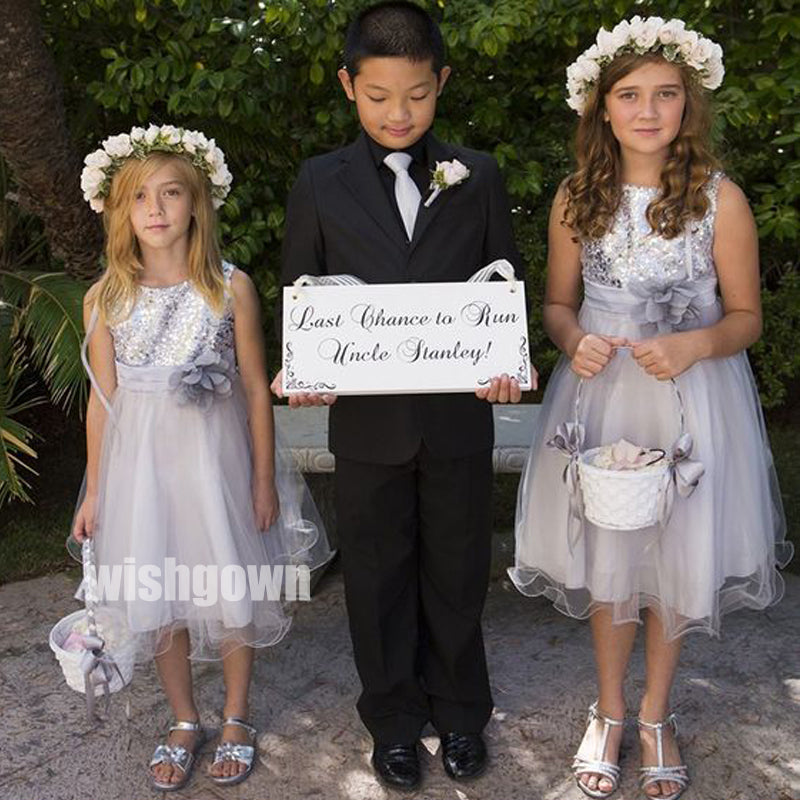 Pretty Grey Sleeveless Sequin Organza Wedding Flower Girl Dresses, FGD019