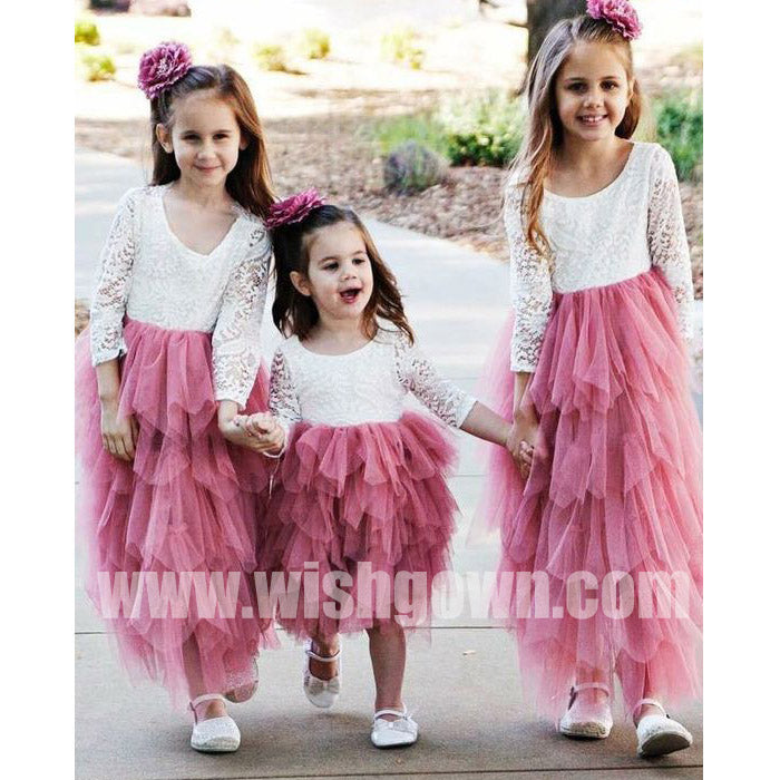 Long Sleeves Lace Top Inexpensive Long Lovely Flower Girl Dresses, FGS121