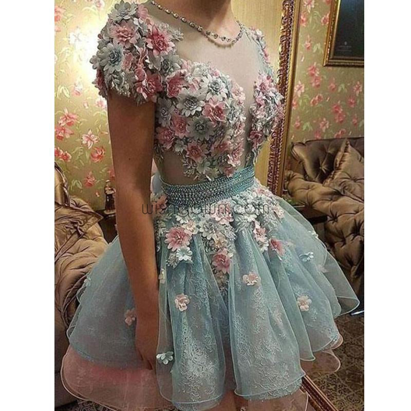 Gorgeous Short Sleeves Pretty Flowers Lovely Cheap Homecoming Dresses, BD0063 - Wish Gown