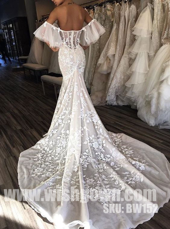 Unique Off the Shoulder Sweetheart Mermaid Applique Long Wedding Dresses, BW152