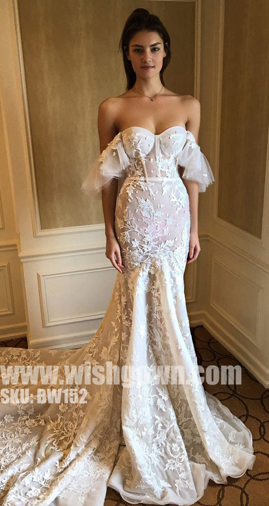 Unique Off the Shoulder Sweetheart Mermaid Applique Long Wedding Dresses, BW152