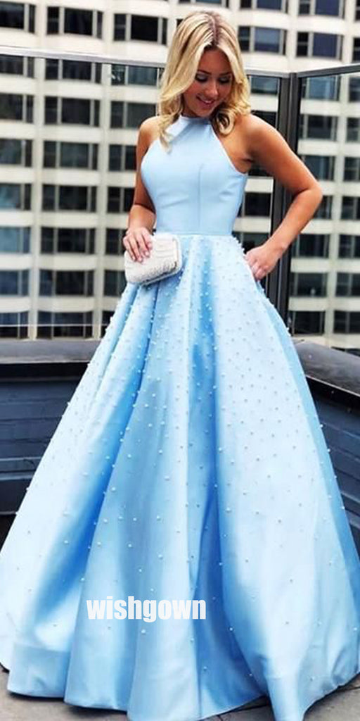 Popular Light Blue A-line Halter Long Prom Dresses PG1182