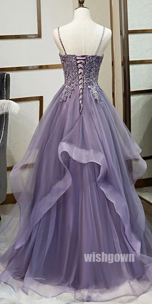 Popular Purple Spaghetti Strap Organza Long Prom Dresses PG1181