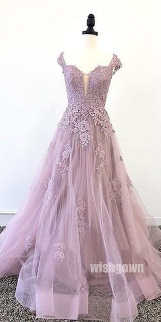 Elegant Cap Sleeve Applique Tulle Long Prom Dresses PG1185