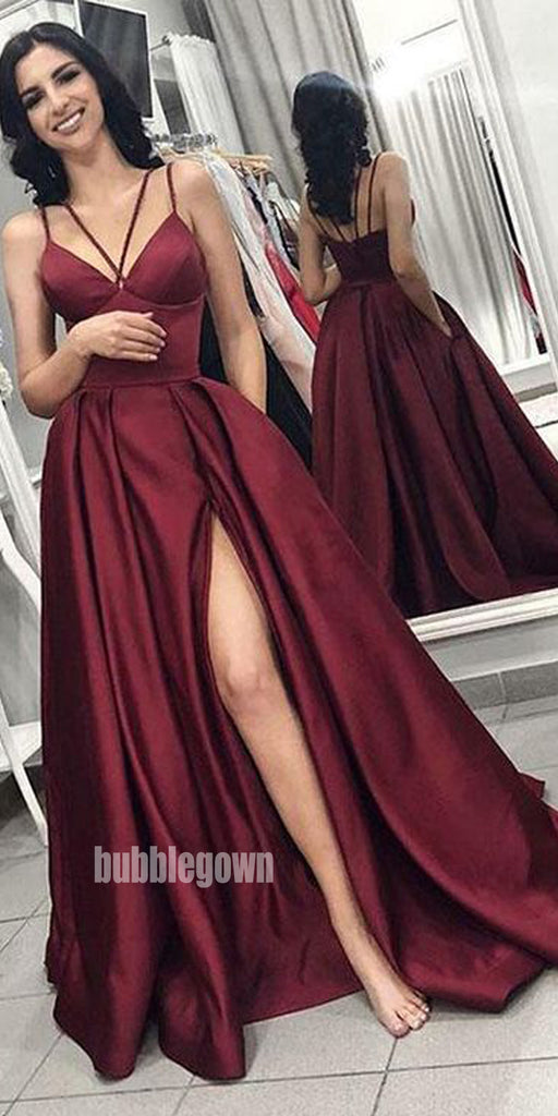 Sexy V-neck Burgundy Split Side Long Prom Dresses PG1189