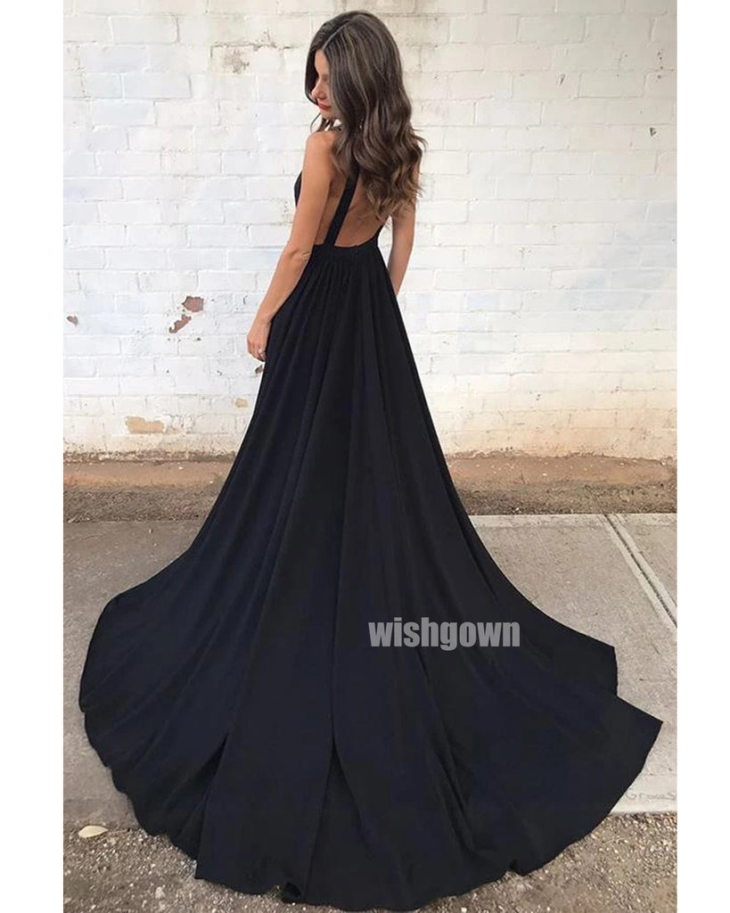 Sexy Deep V-neck Black Long Prom Dresses PG1191