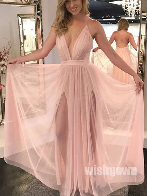 Sexy Pink Spaghetti Strap Tulle Split Long Prom Dresses PG1209