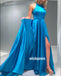 Elegant Blue Halter Side Split Stain Long Prom Dresses PG1215