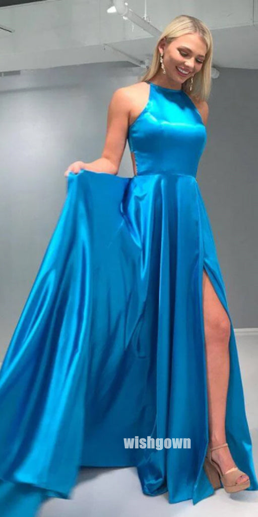 Elegant Blue Halter Side Split Stain Long Prom Dresses PG1215