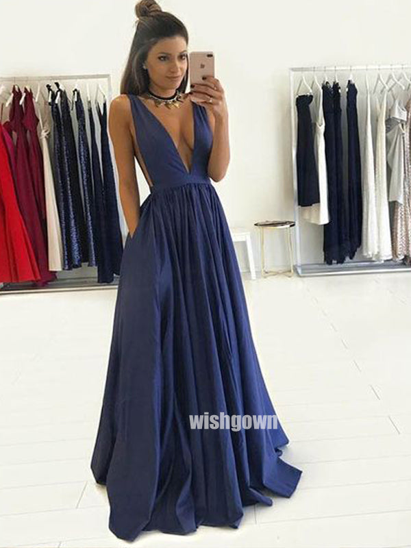 Sexy Dark Navy V-neck Backless Long Prom Dresses PG1222