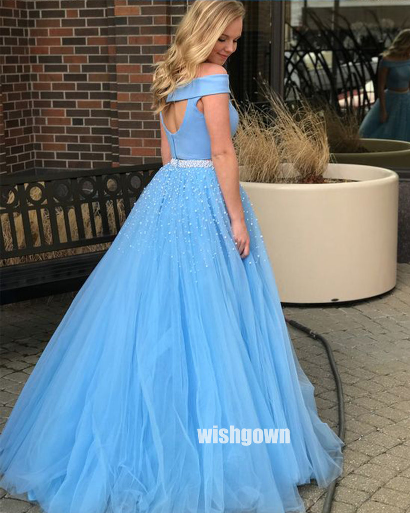 Charming Two Pieces Blue Sabrina Tulle Long Prom Dresses PG1226