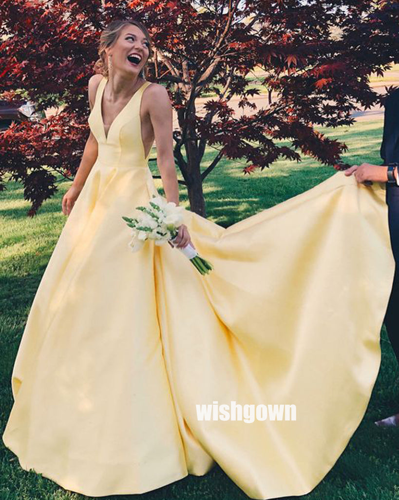 Simple Yellow V-neck Stain Long Prom Dresses PG1232