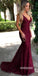 Sexy Burgundy V-neck Mermaid Lace Prom Dresses PG1243