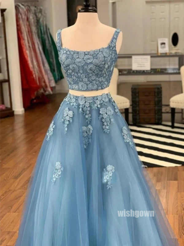 Elegant Blue Two Pieces Applique Tulle Prom Dresses PG1248