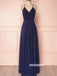 Elegant V-neck Navy Blue Backless Long Prom Dresses, PG1249