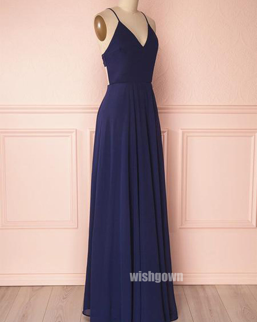 Elegant V-neck Navy Blue Backless Long Prom Dresses, PG1249