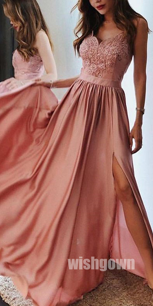 A Line Chiffon Lace Side Slit Long Prom Dresses, MD1112