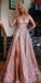 Spaghetti Strap Sparkle A Line Side Slit Long Prom Dresses, SG159