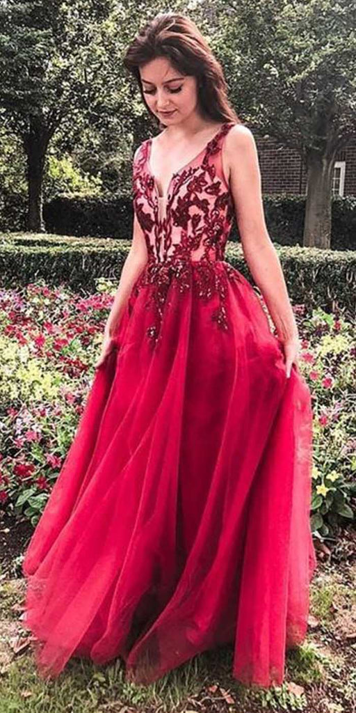 Most Popular Red Applique Tulle A Line Cheap Long Prom Dresses, SG114