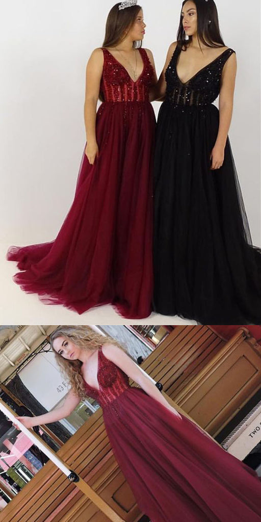 A Line V Neck Beaded Top Tulle Long Prom Bridesmaid Dresses, SG124