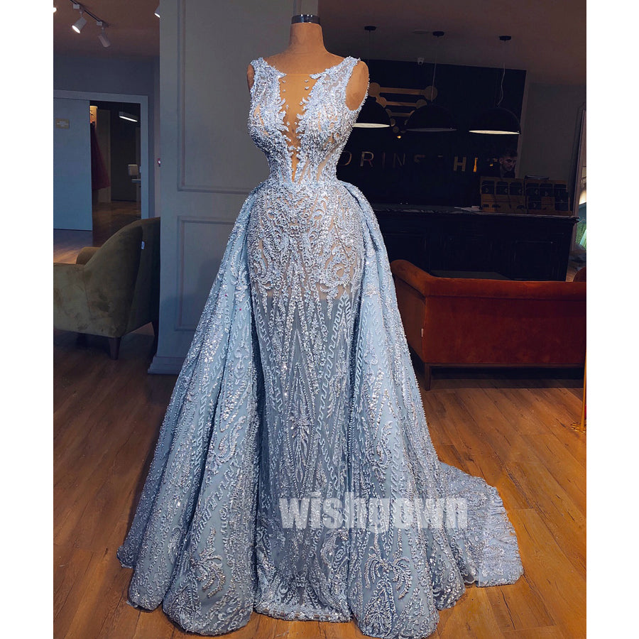 Unique Applique Lace Blue Long Prom Dresses, PG1168