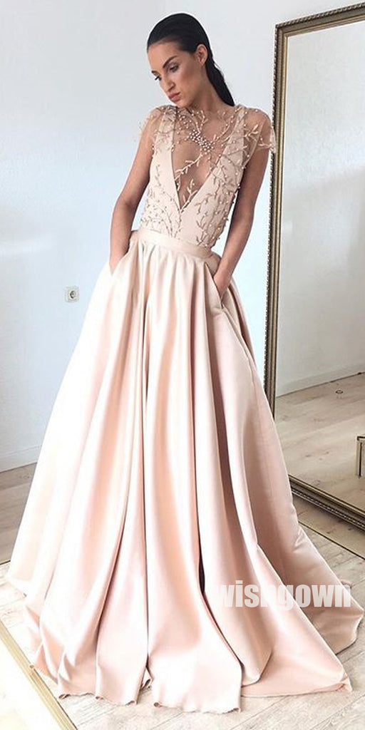 Unique A Line See Through Deep V Neck Long Prom Dresses, MD1140