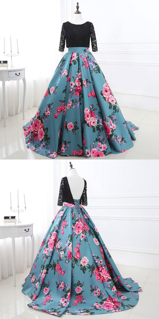 Half Sleeves Black Lace Satin Flowers Long Prom Dresses, SG132