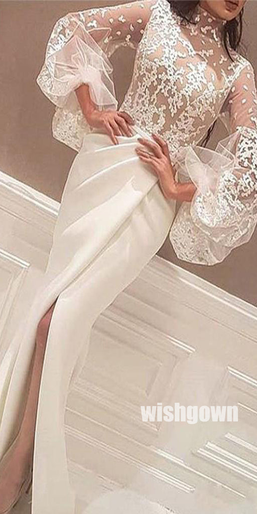 Long Sleeves High Neck Side Slit Ivory Mermaid Prom Dresses, SG143