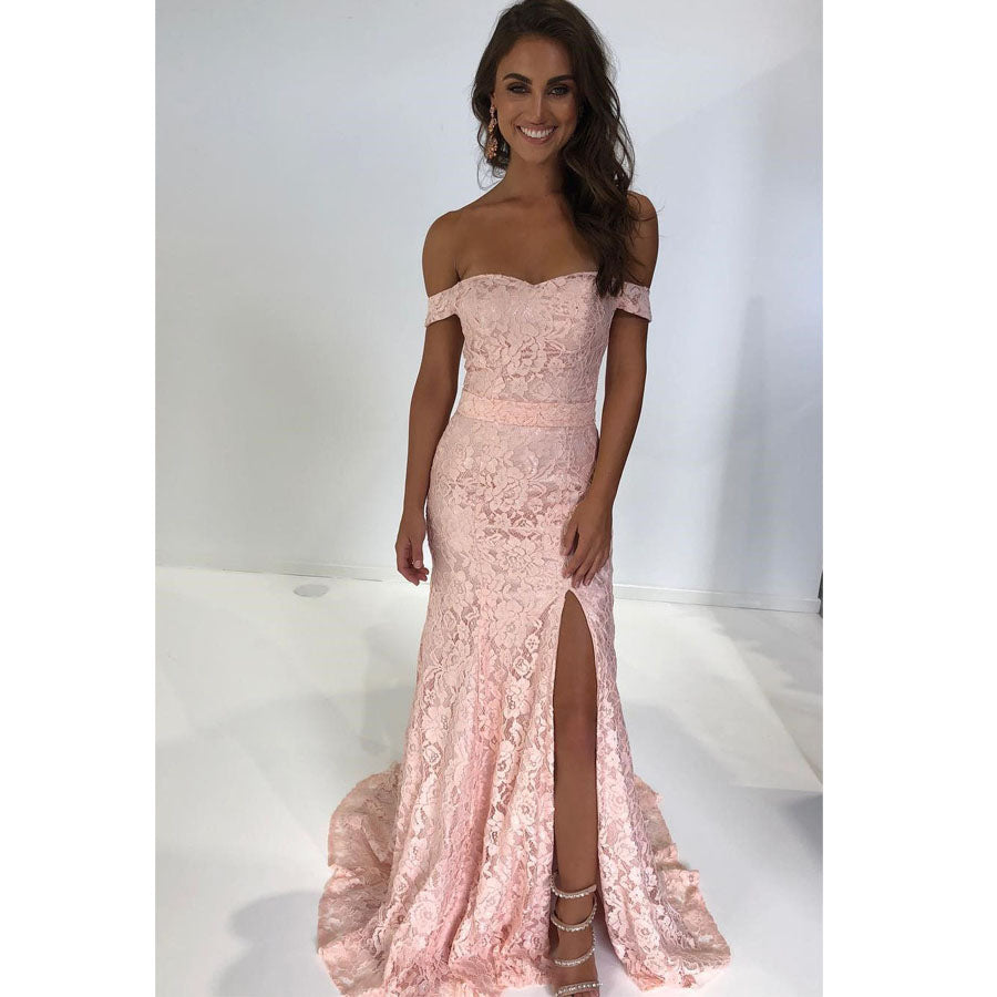 Pink Lace Off the Shoulder Sweetheart Side Slit Long Prom Dresses, SG116