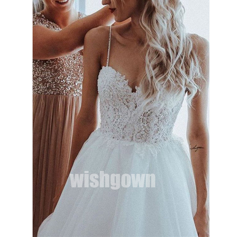 White Sweetheart Spaghetti Strap Tulle Long Wedding Dresses WDH012