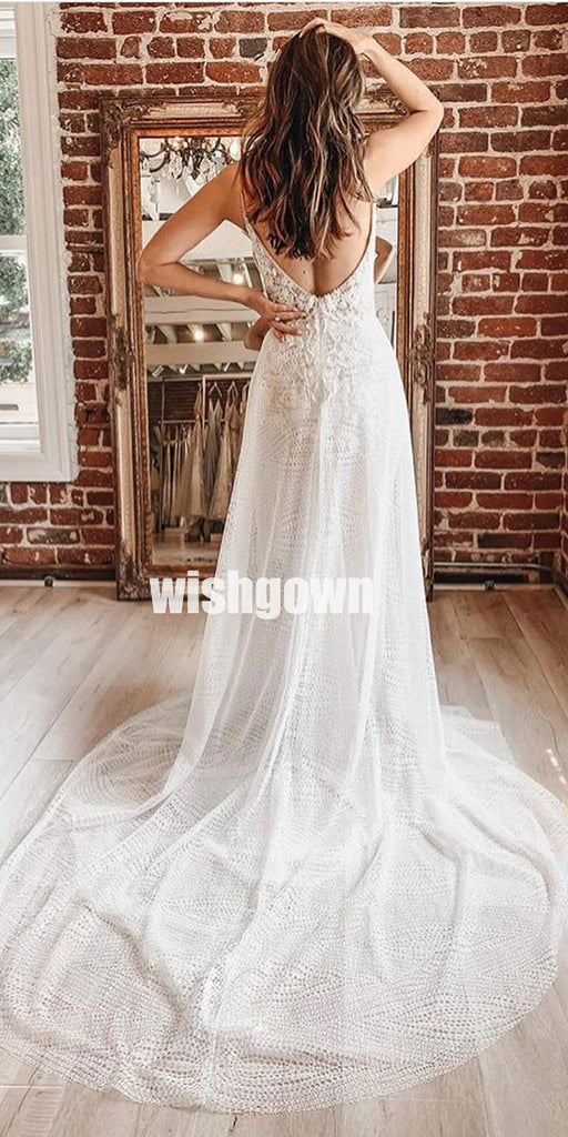 Sexy V-neck Spaghetti Strap Lace Long Bridal Dresses WDH021