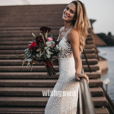 Elegant V-neck Spaghetti Strap Mermaid Applique Long Bridal Dresses WDH037