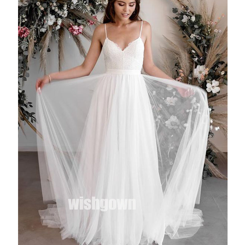 Simple V-neck Spaghetti Strap Tulle Long Wedding Dress WDH046