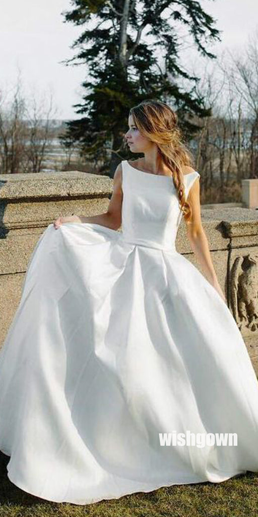 Simple White Sleeveless Long Wedding Dress WDH056