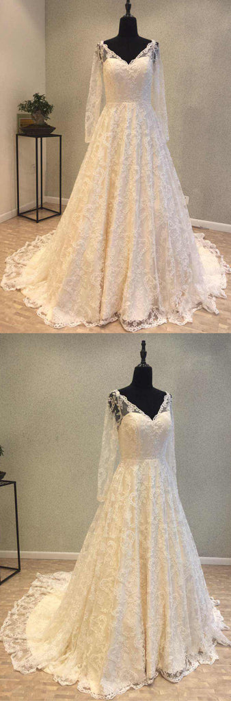 Long Sleeves V Neck Formal Lace Long Cheap Bridal Wedding Dress, WG690