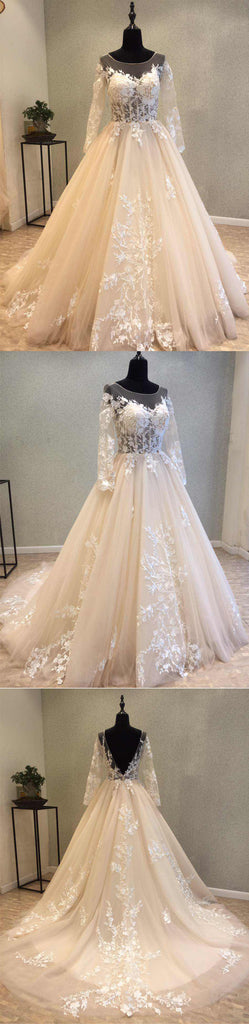 Long Sleeves Tulle Applique Charming Long V Back Bridal Wedding Dress, WG679