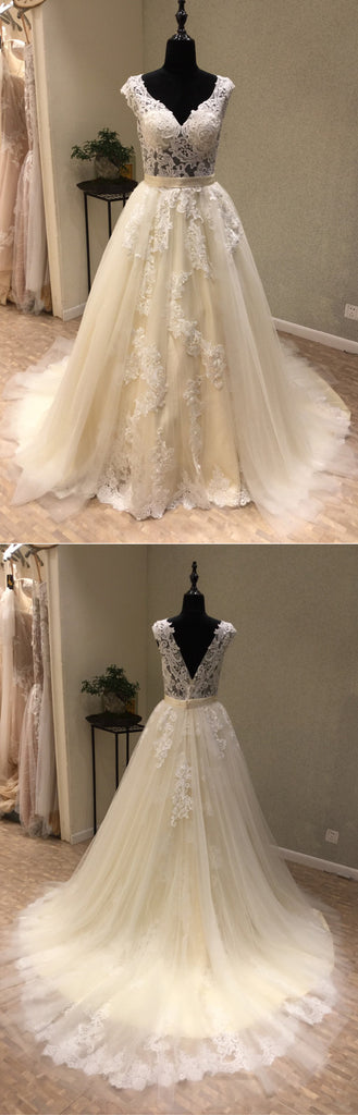 Tulle Applique V Back Formal A Line Long Wedding Dress for Brides, WG1205