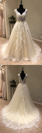 Tulle Applique V Back Formal A Line Long Wedding Dress for Brides, WG1205