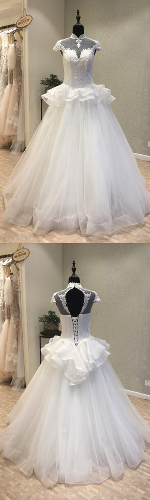 Princess Lovely High Neck Cap Sleeves Cheap Bridal Long Wedding Dresses, WG1240