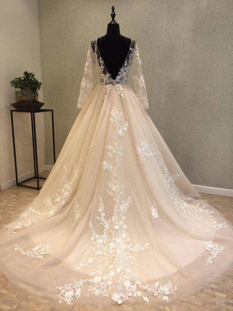 Long Sleeves Tulle Applique Charming Long V Back Bridal Wedding Dress, WG679